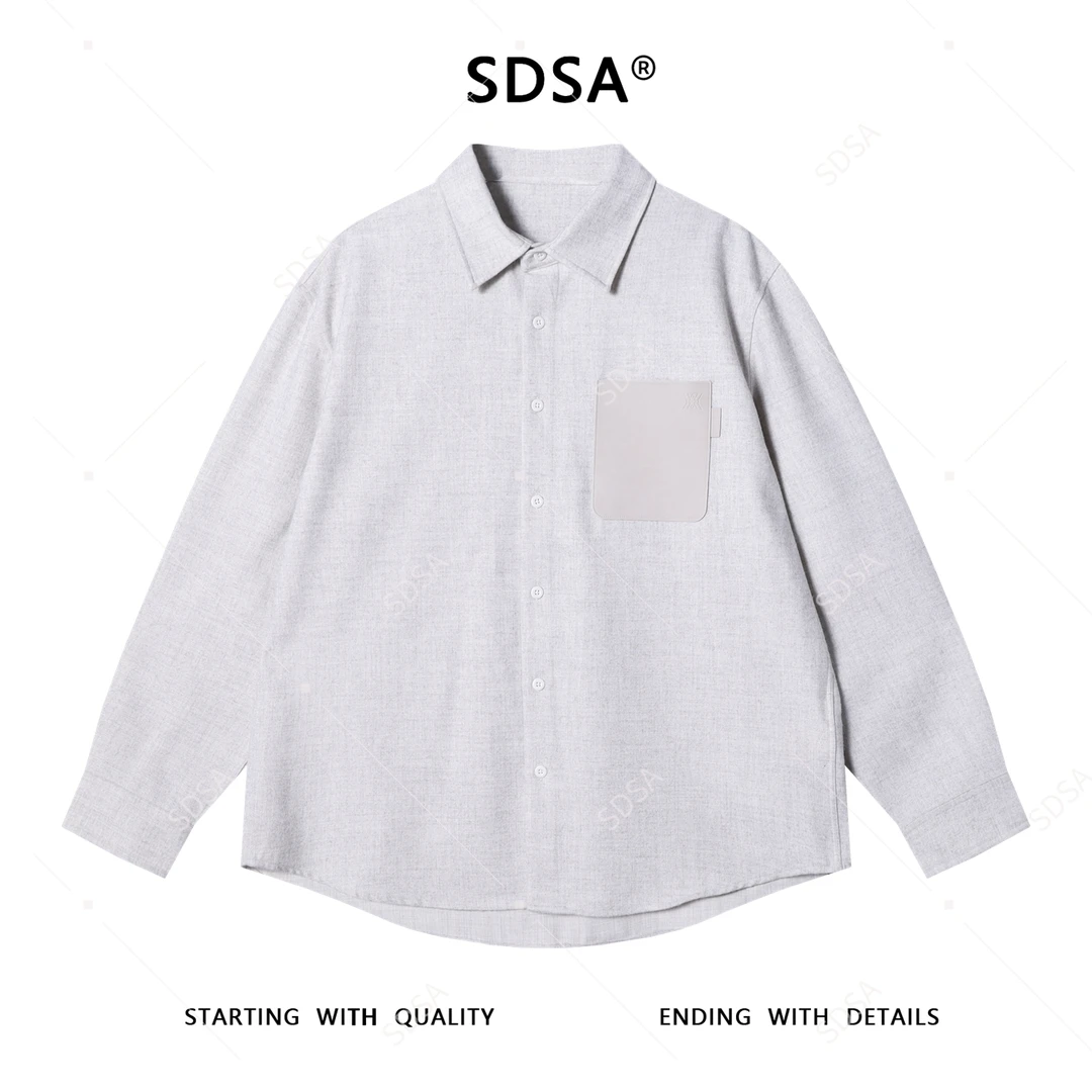 SDSA男士秋冬新款痞帅男装休闲口袋拼接翻领长袖衬衫百搭宽松衬衣