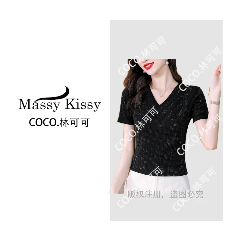 【COCO林可可】S夏季新款高档重工亮闪闪V领满幅烫钻T恤1825