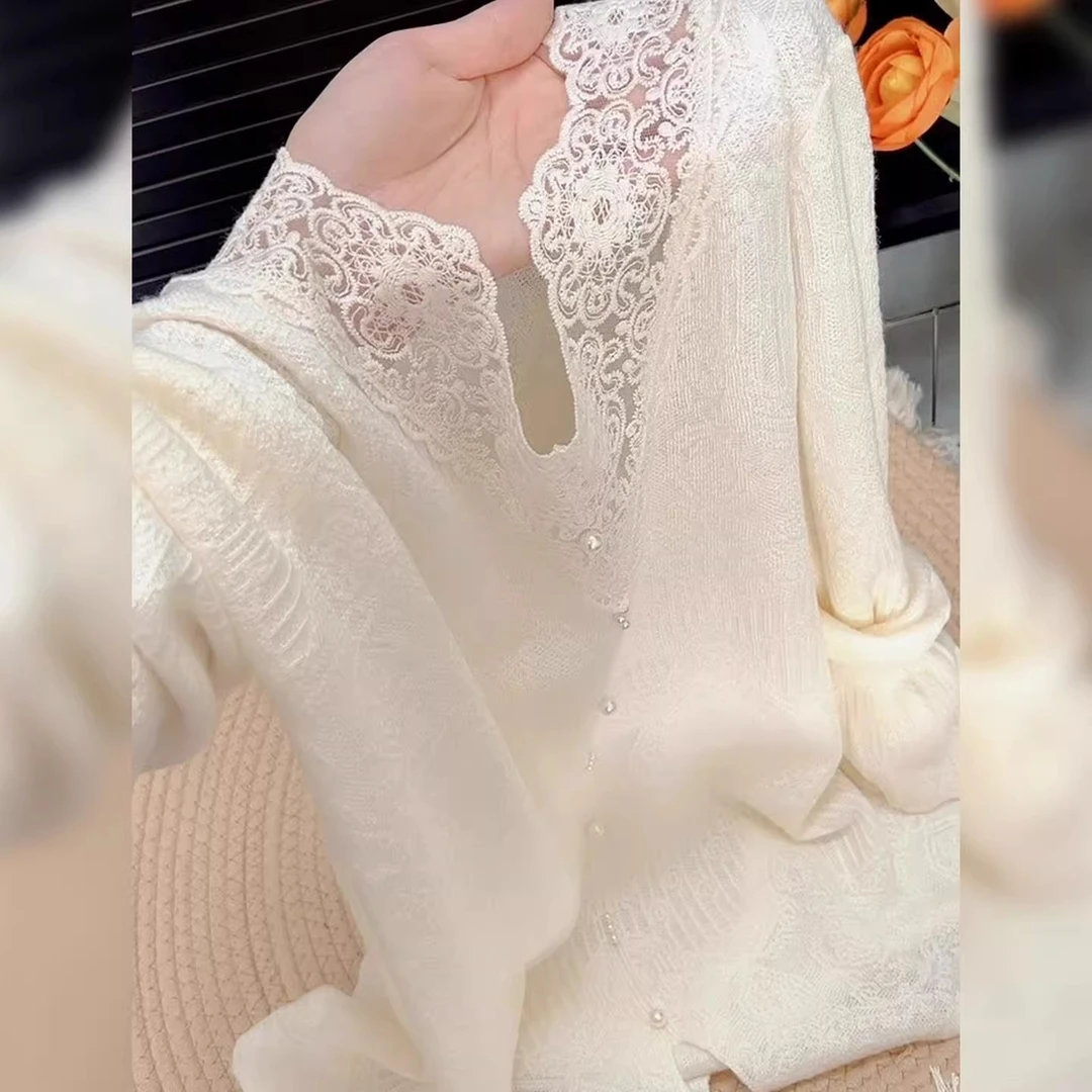 蕾丝针织打底衫杏色高级感钉珠设计百搭气质温柔薄款长袖上衣早秋