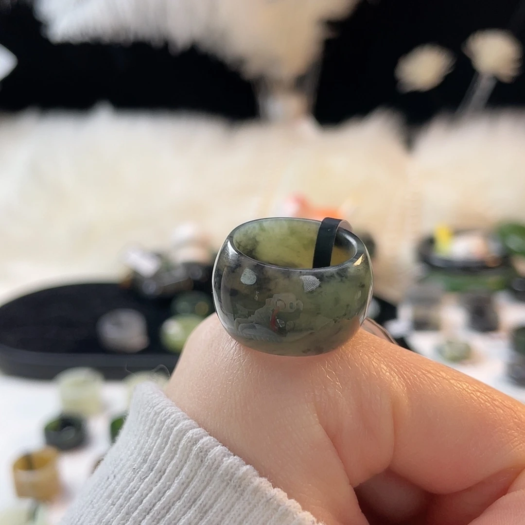 和田玉未镶嵌戒指k43 绿青花墩墩17.6mm