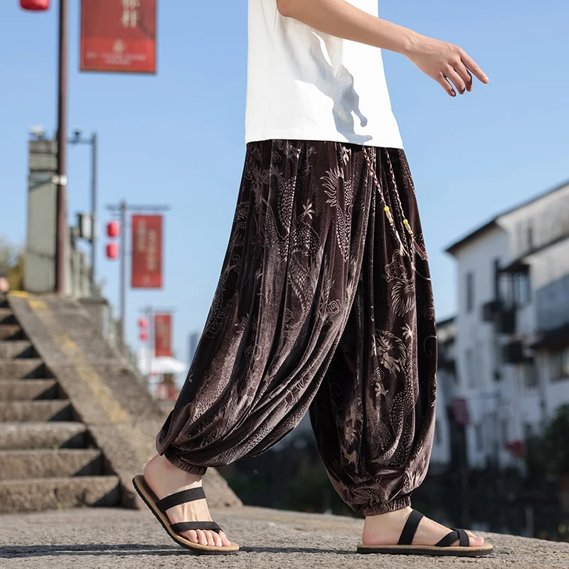 复古棕咖色金丝绒裤子男中国风龙纹提花小众宽松慵懒风阔腿灯笼裤