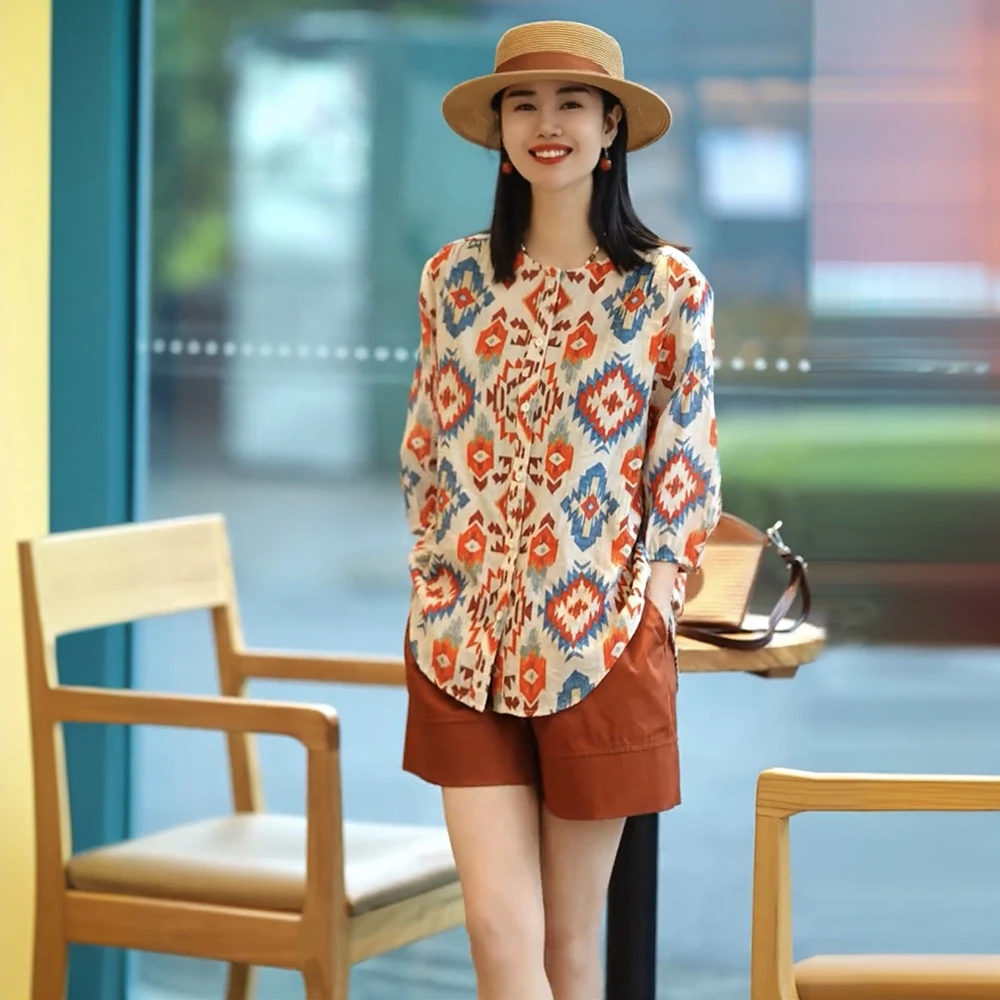 气质减龄显瘦时尚印花衬衫2025夏季新款宽松百搭圆领薄款透气上衣