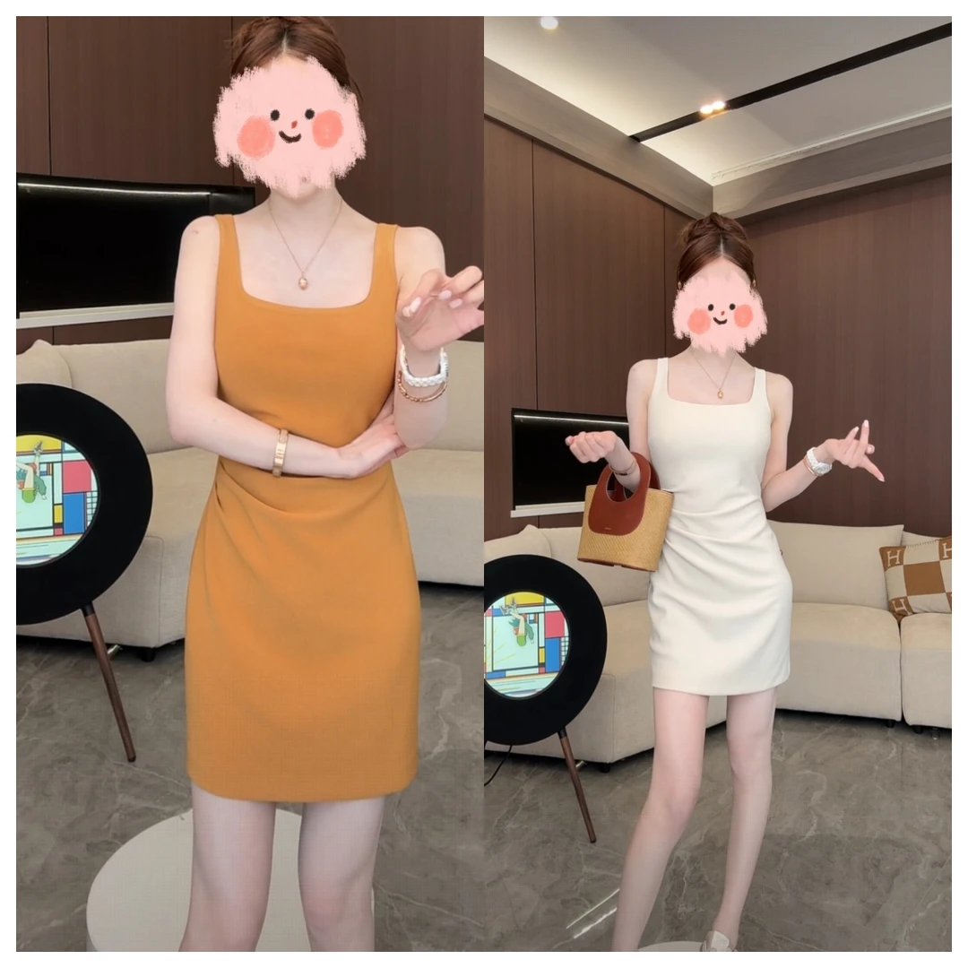 韩系褶皱收腰连衣裙女2025夏季新款无袖背心显瘦气质包臀辣妹裙子