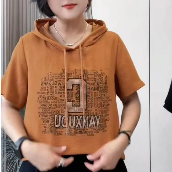 035#新款时尚烫钻印花连帽宽松短袖卫衣小衫(XL~5XL 90~165斤)