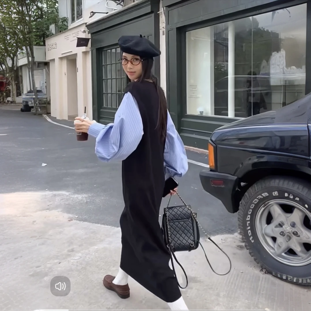 韩系小众设计复古长款连衣裙大码春秋圆领条纹拼接衬衫裙