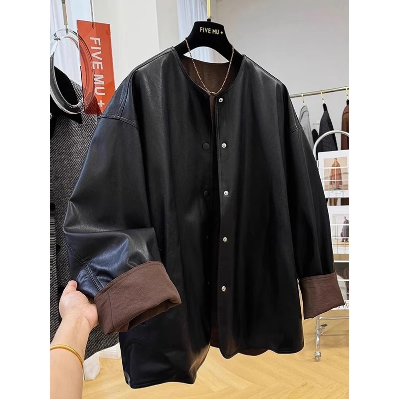 港式300斤特大码时尚痞帅撞色外套秋季男女复古休闲机车皮夹克衫