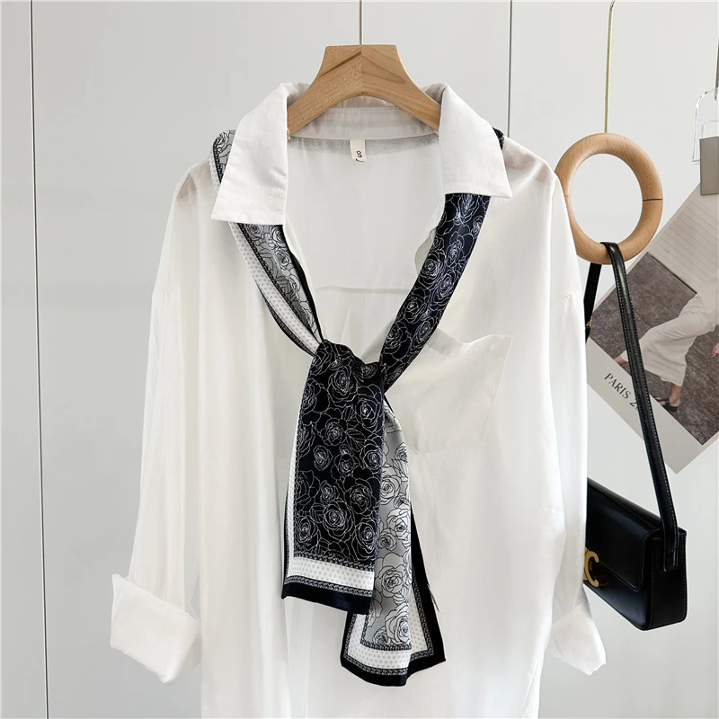 拼色玫瑰花真丝围巾女气质桑蚕丝丝巾细窄长双层双面领巾飘带