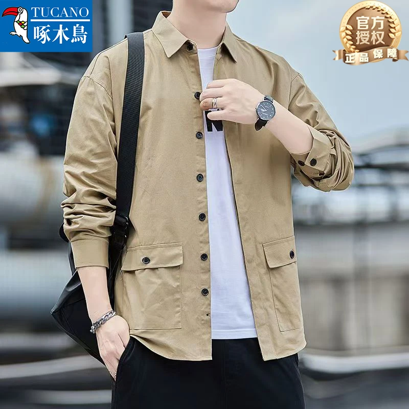 正品啄木鸟男士宽松休闲衬衣长袖上班衬衫纯棉工装衬衫翻盖口袋