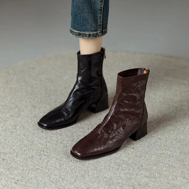 手抓纹羊皮~法式复古方头粗跟短靴秋冬季新款棕色百搭不累脚女靴