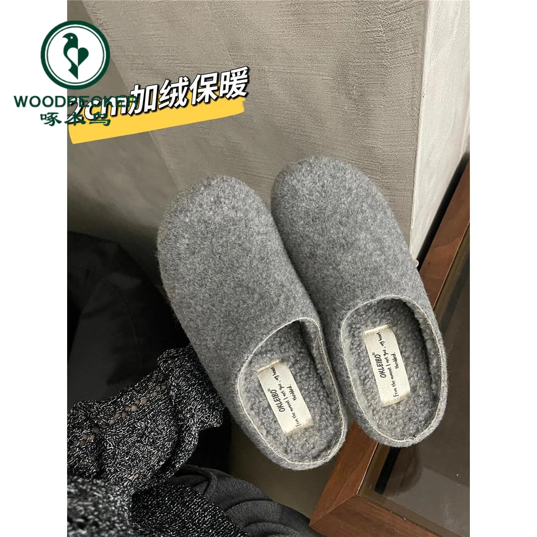 啄木鸟复古晚晚风灰色勃肯拖鞋女秋冬极新款加绒保暖一脚蹬棉拖鞋