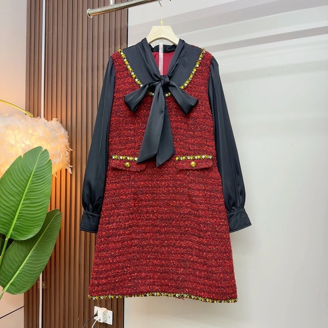 2025年新年款减龄气质蝴蝶结系带假两件连衣裙7262