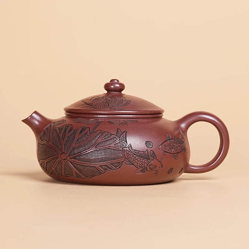 【闪购商品】鱼趣刻绘荷花锦鲤家用紫砂茶壶D334