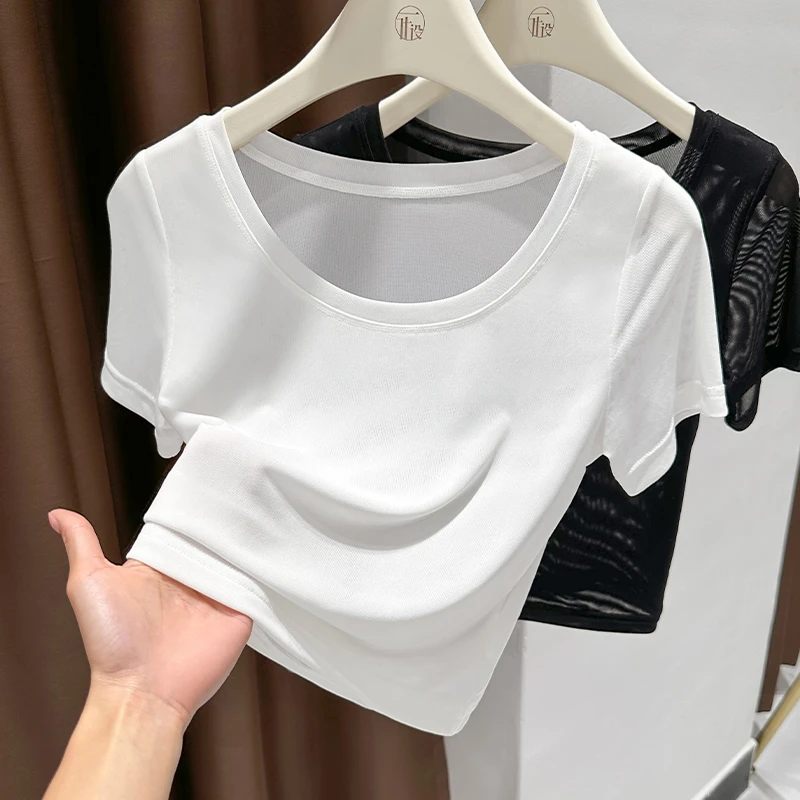 新款白色简约圆领内搭网纱打底衫女2025夏季薄款修身显瘦时尚上衣