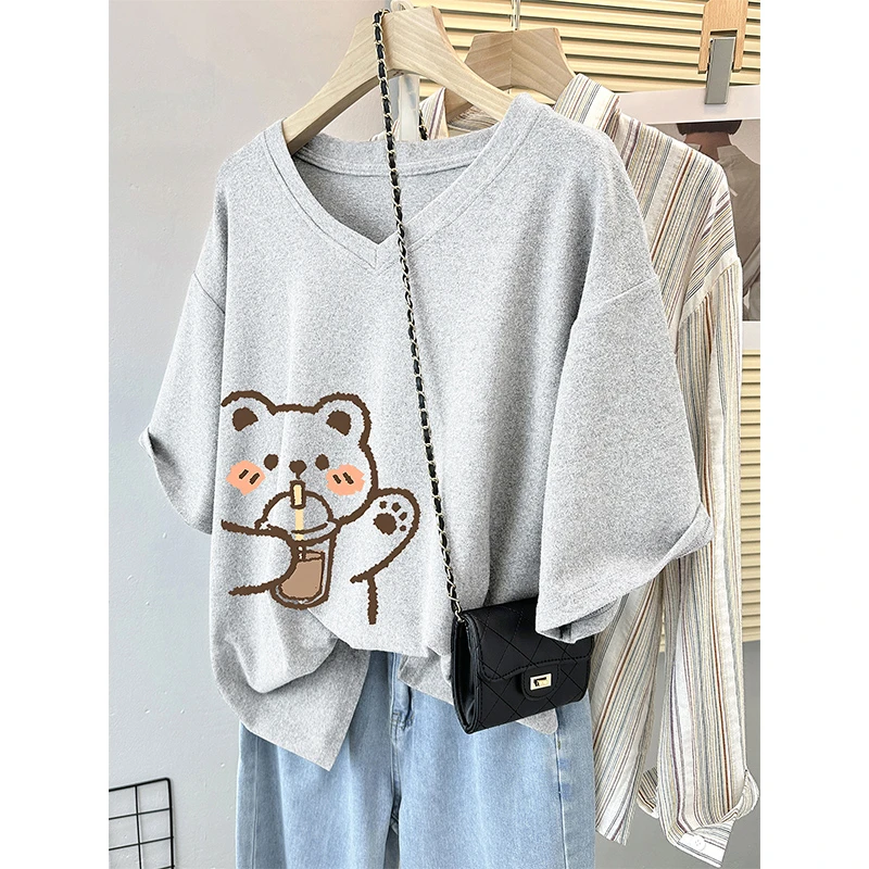 夏季美式V领短袖t恤女2025新款大码宽松oversize遮肚子半袖上衣服