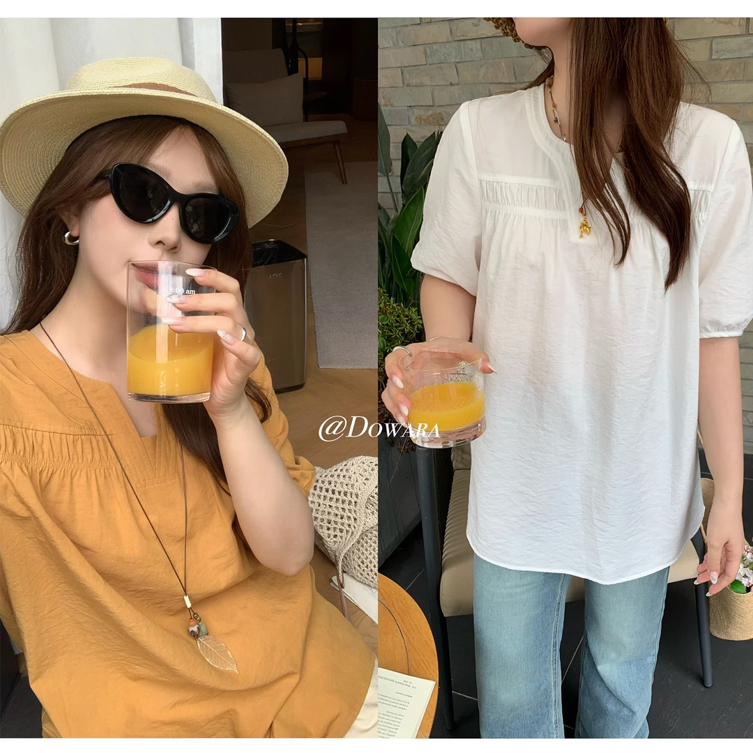 现货大婉酱微胖定制【落日烬白】慵懒纯色短袖夏宽松褶皱衬衫 8642D