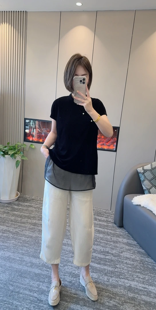 【菲凡】991新中式丝绒上衣改良斜襟拼接纱复古立领短袖