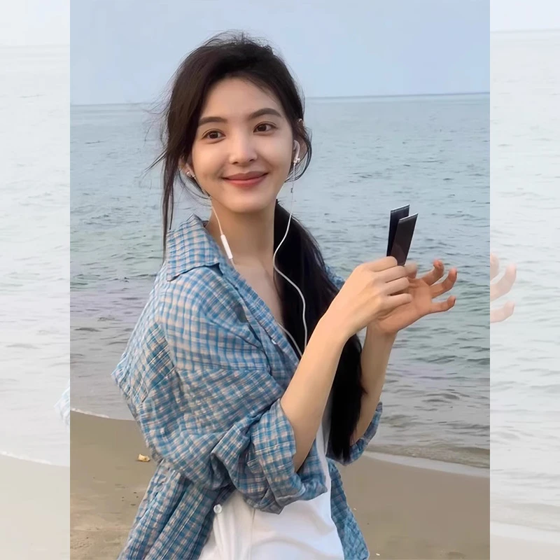 复古港风蓝色格子长袖衬衫外套女2025夏季薄款宽松休闲慵懒风上衣