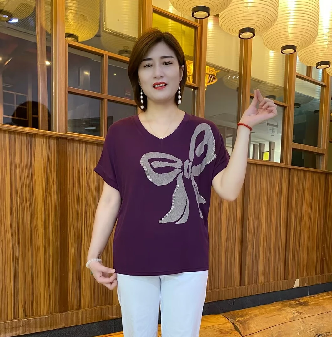 夏季新款T恤印花V领蝴蝶结印花气质短袖时尚休闲减龄小衫