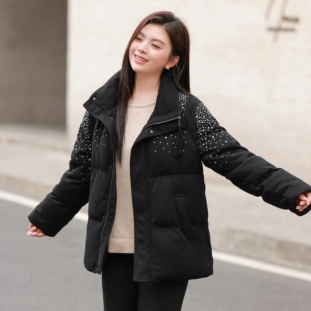 【90%白鸭绒烫钻灯芯绒羽绒服】MsShe大码女装冬外套女E2411030