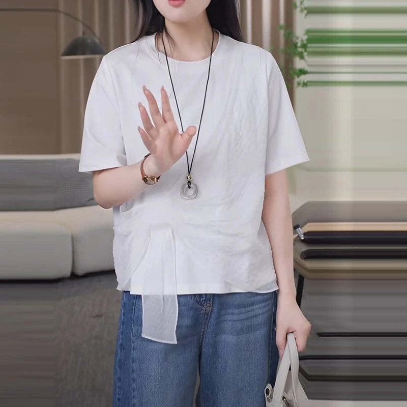 韩系高级感圆领不规则绑带拼接T恤女夏季新款减龄气质宽松上衣潮