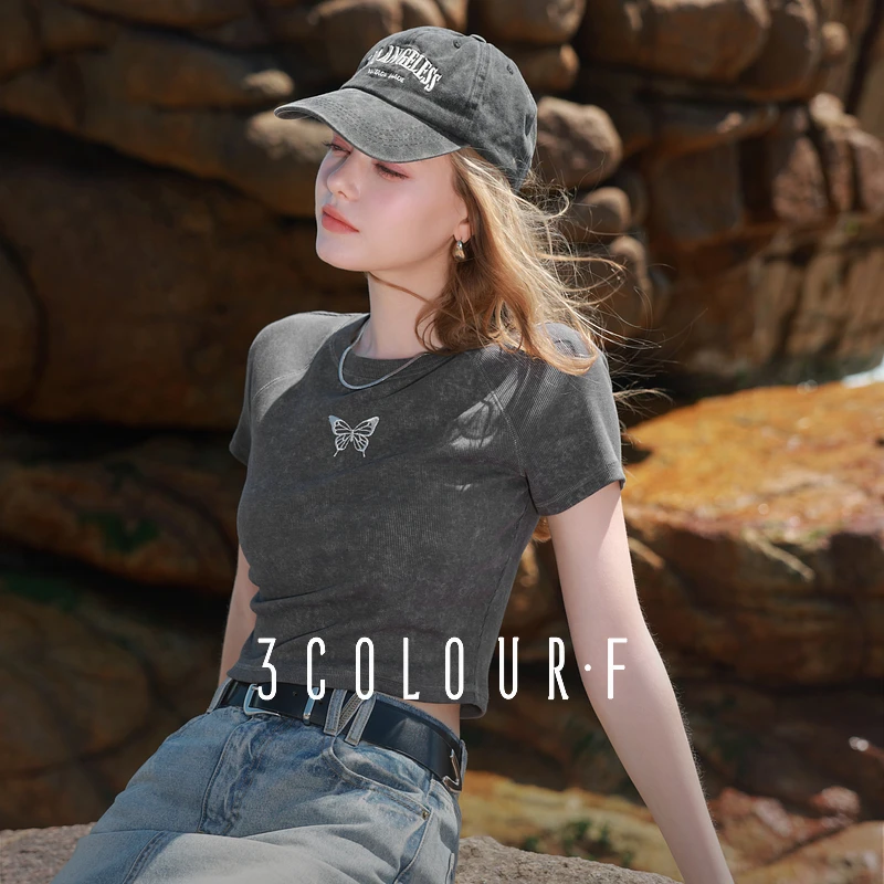 0081马琦尧专属三彩独醒2025夏季新款蝴蝶绣花T恤修身短款短袖dbx