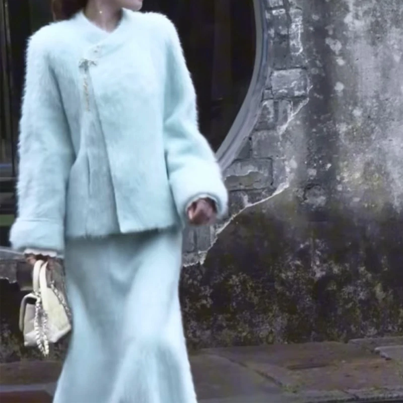 冰天雪地•蓝调时刻 暖呼呼拉绒国风套装裙子女2025秋冬款两件套