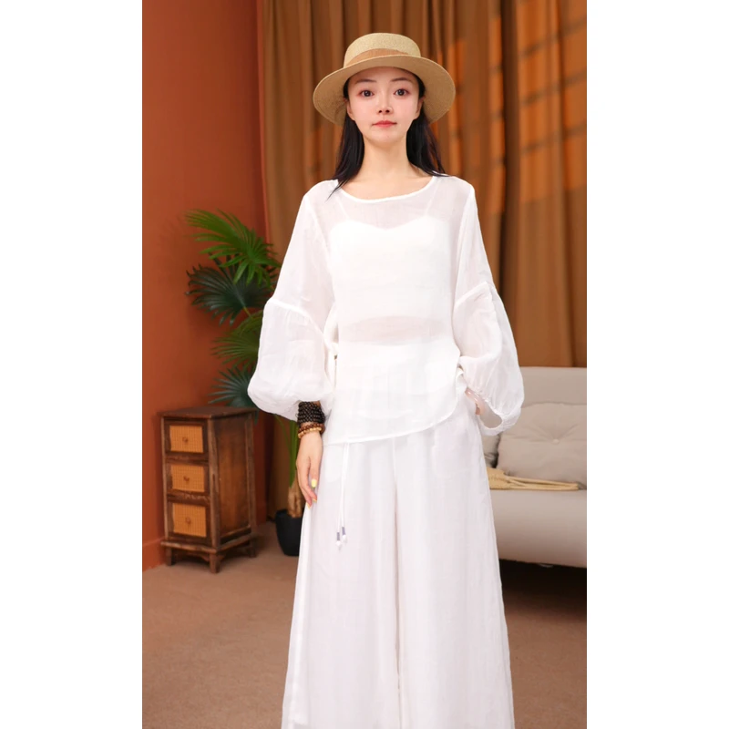 夏季新款纯苎麻白色纯色纯仙气棉麻文艺风田园风上衣打底衫特透气