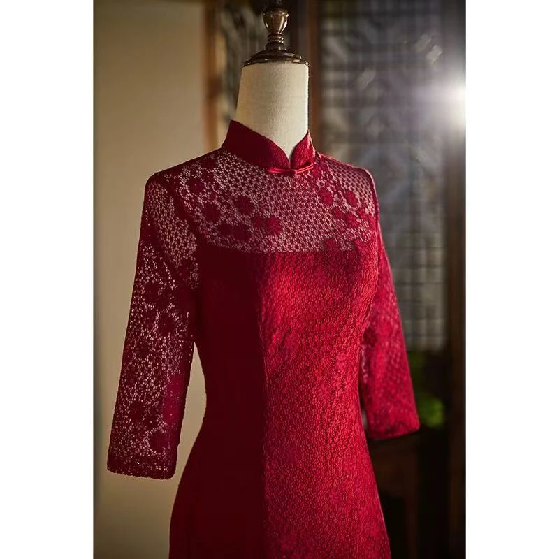8001婚礼七分袖单旗袍旗袍新娘回门喜庆酒红色秋冬冬季中蕾丝旗袍