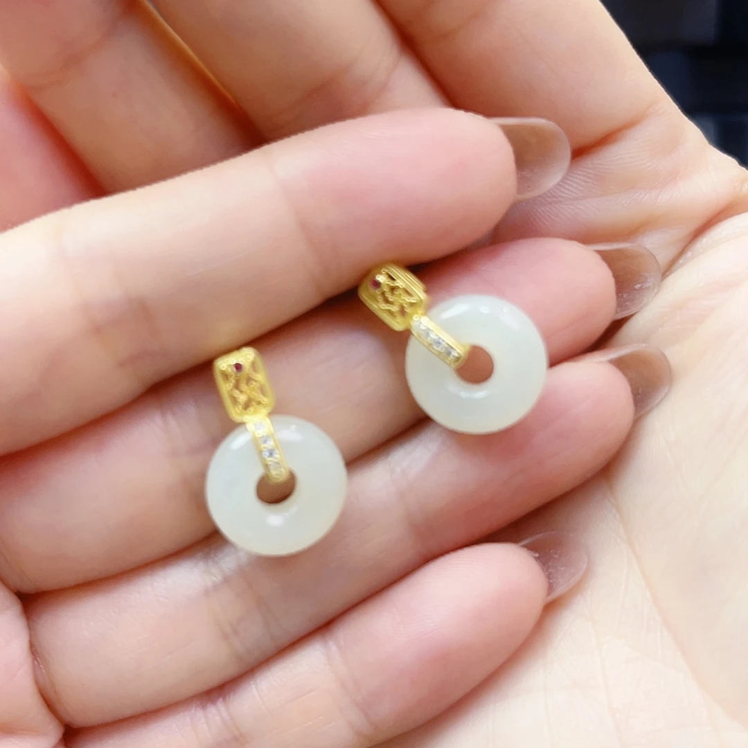 和田玉银S925镀金镶嵌耳饰