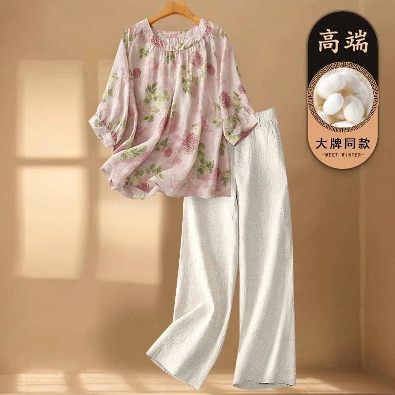 独特漂亮苎麻套装女士年轻款2025夏季新款妈妈高端亚麻衬衫两件套