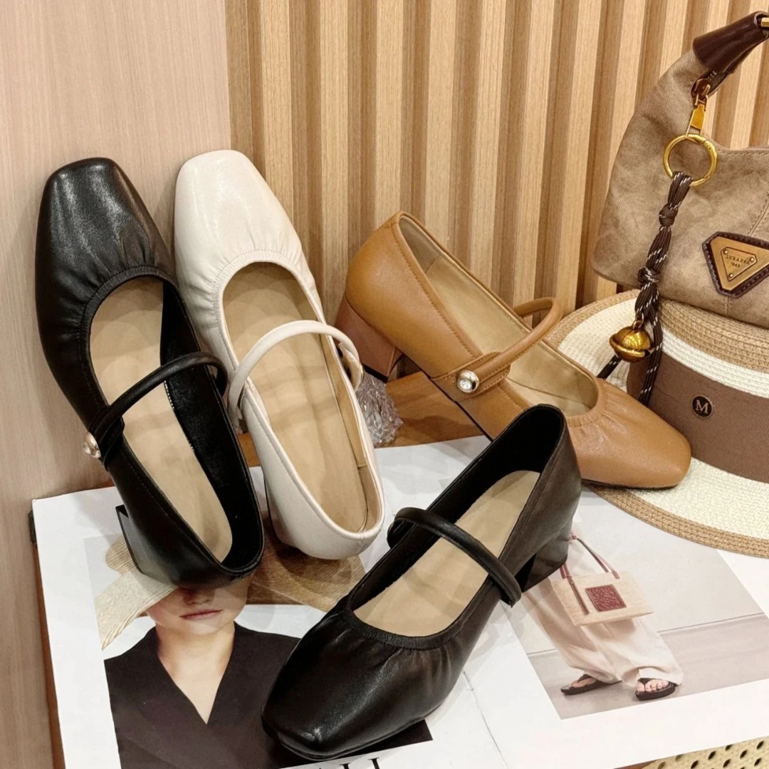 爆款粗跟浅口方头单鞋软底跟鞋玛丽珍鞋复古时尚中跟真皮羊皮百搭