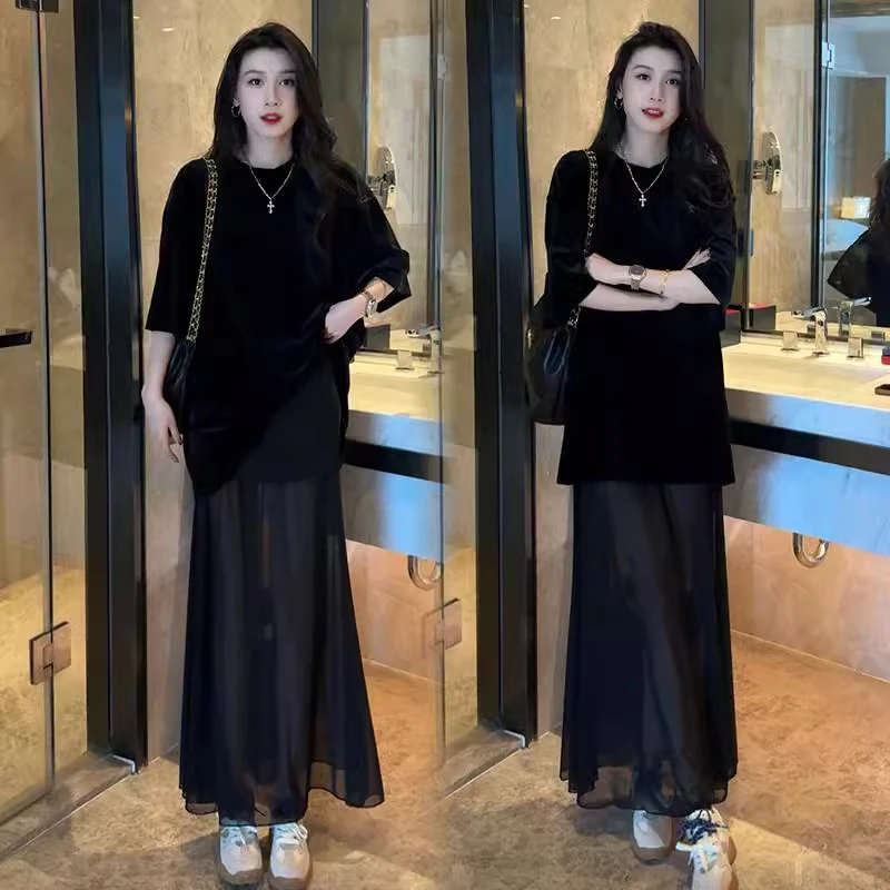 时尚休闲套装女2025春季新款半袖上衣网纱拼接鱼尾半身裙两件套潮