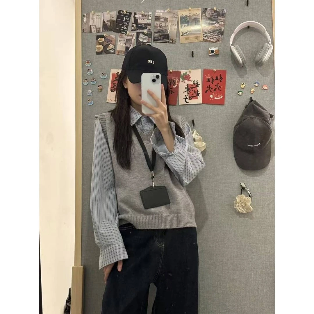 假两件撞色衬衫2025春季新款女装休闲百搭学院风叠穿长袖衬衫上衣