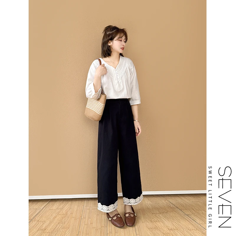 58⑧七七146小个子蕾丝高腰显腿长九分休闲花边裤春夏女装小美说