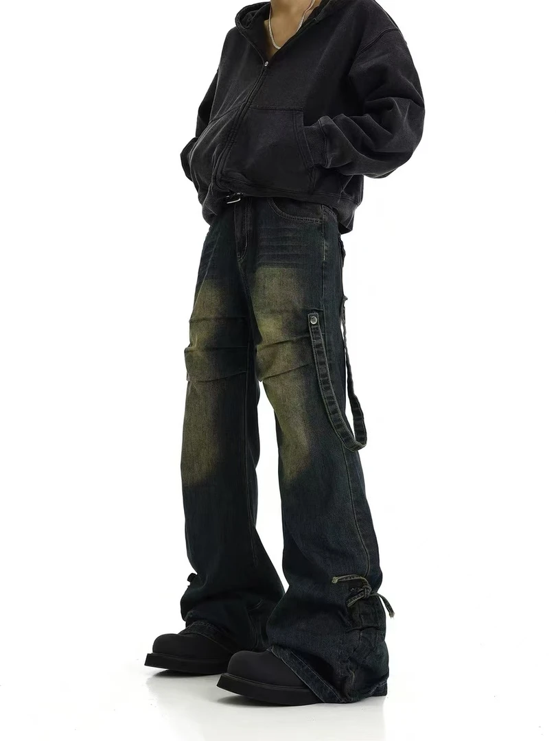 粥粥怀旧渐变绑带褶皱堆堆牛仔裤