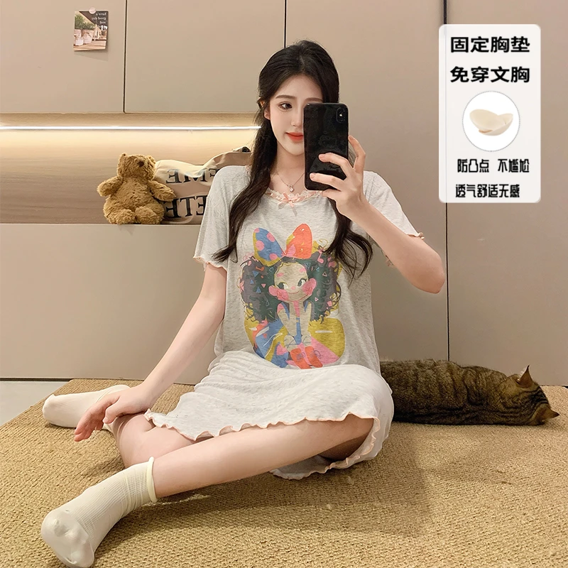 夏季莫代尔棉花边可爱短袖睡裙舒适印花圆领中长款学生带胸垫睡衣