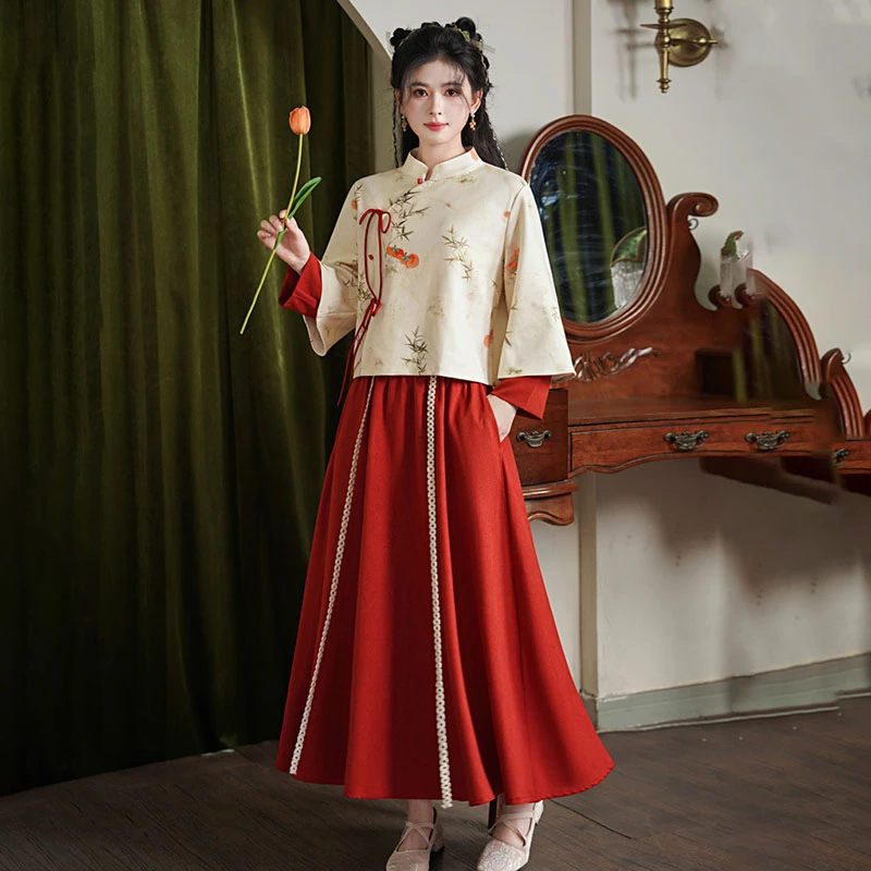 新中式女装双袖旗袍上衣汉元素日常汉服国风裙气质唐装茶服套装冬