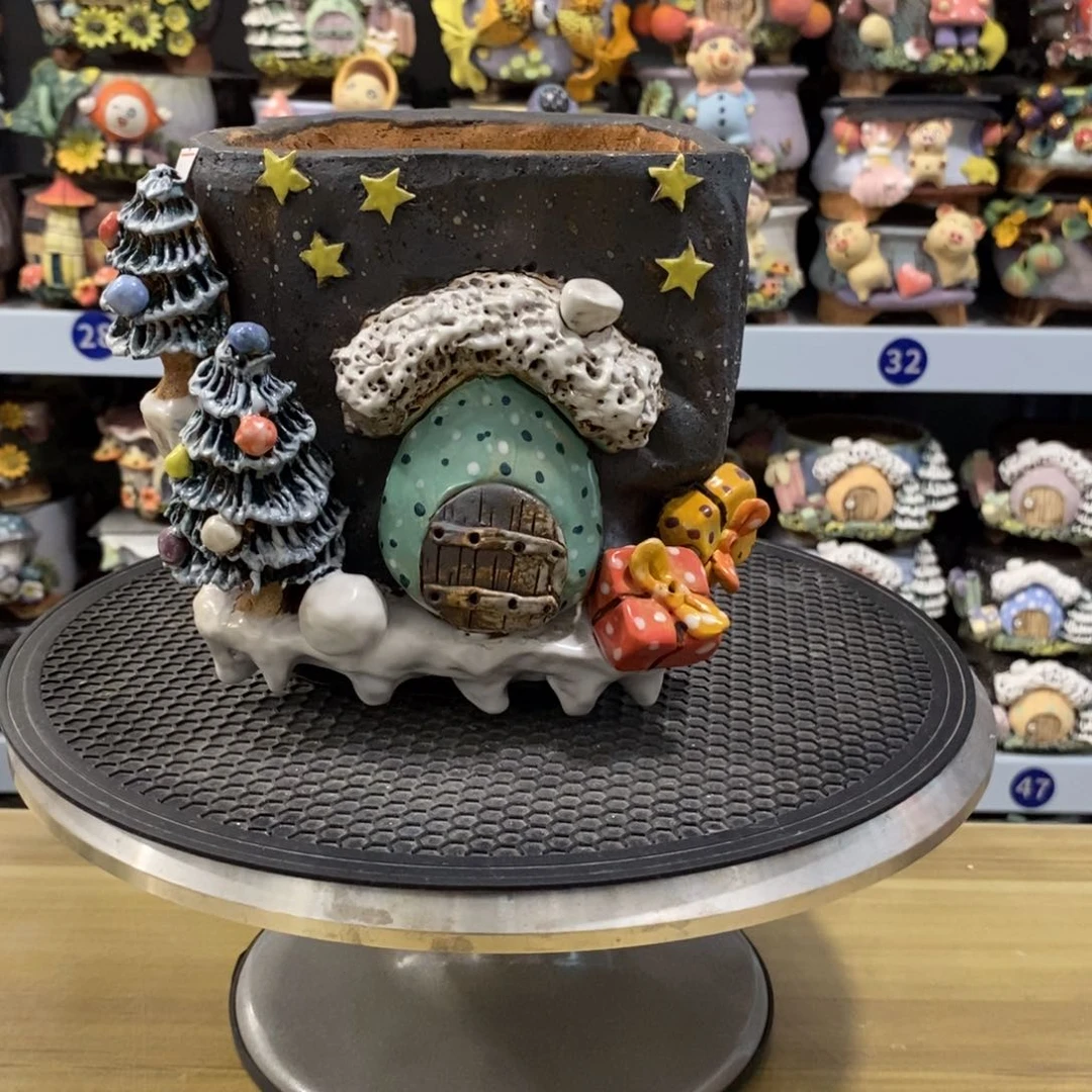 海***鱼白狐粗陶手捏花盆