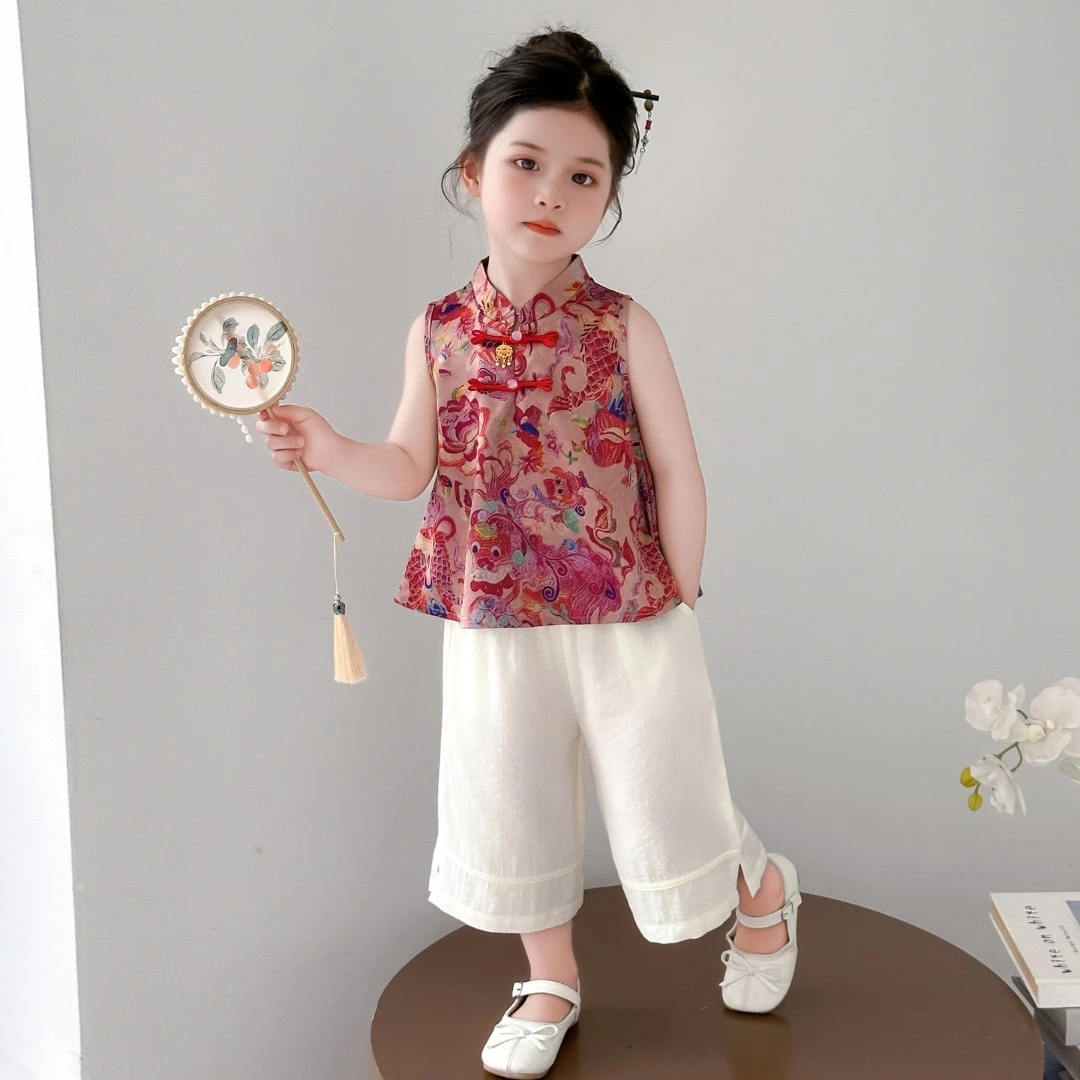 汉服女童套装夏季2025新款儿童新中式背心阔腿裤宝宝国风两件套潮