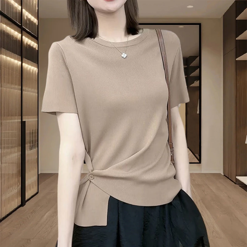 修身显瘦正肩短袖t恤女2025夏季新款设计感下摆暗扣休闲体恤上衣