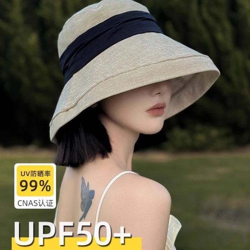 日系大帽檐渔夫帽子女夏季薄款棉麻可折叠遮脸遮阳防晒显脸小盆帽