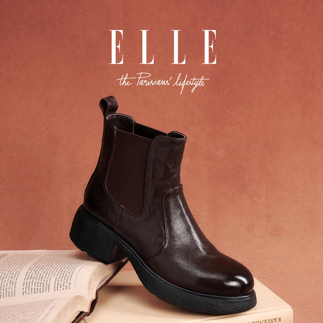 ELLE做旧切尔西靴女真皮2025新款厚底英伦风马丁靴粗跟及踝短靴子