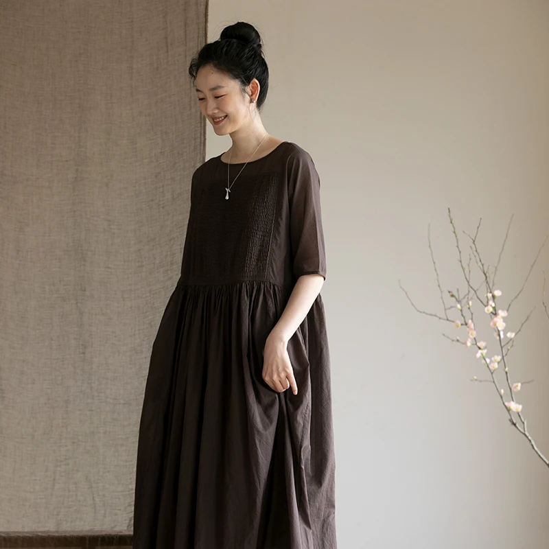 牧衣游原创100支纯棉打条连衣裙新品轻薄飘逸宽松气质长裙 秦桑曲