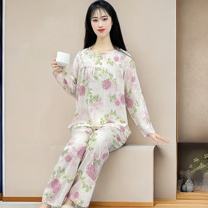 棉绸睡衣女春秋款2025新款大码不带胸垫薄款可外穿家居服套装Y155