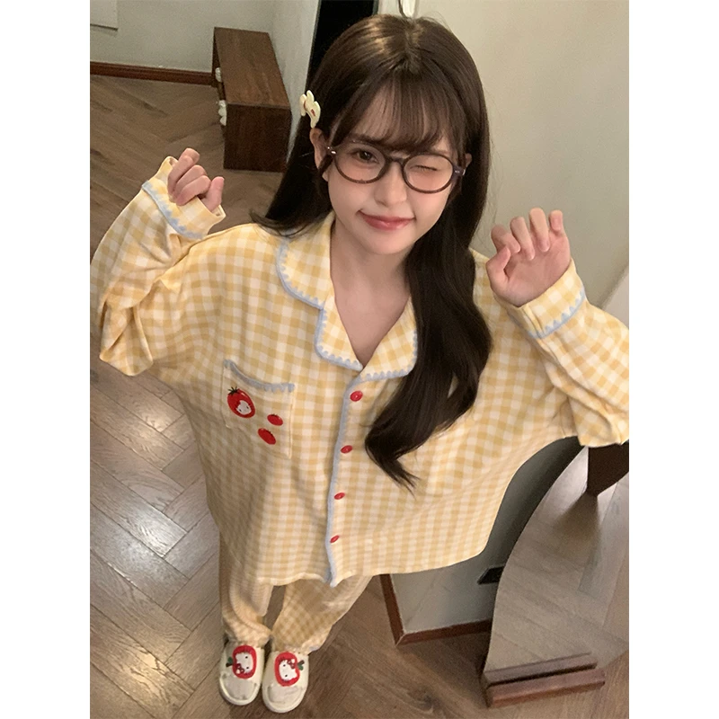奶黄格子睡衣女春秋款可爱简约风高级感长袖长裤秋天可外穿家居服