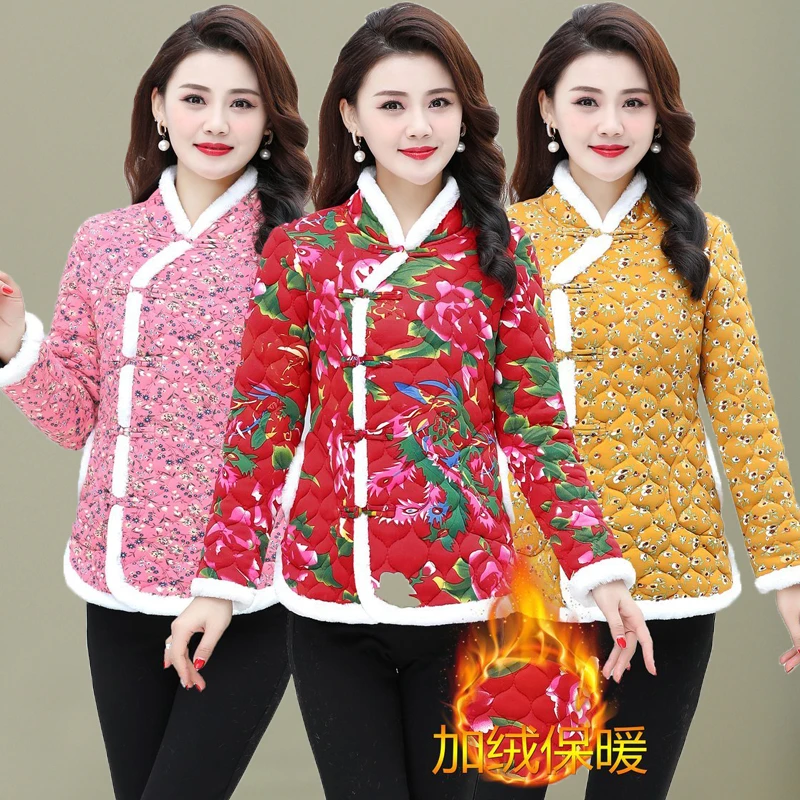 皮尔卡丹爆款冬季女装加厚保暖驼绒棉服短款盘扣花棉袄妈妈新款中