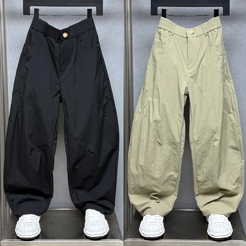 日系潮牌拼接设计休闲裤男士2025夏季时尚痞帅宽松工装阔腿弯刀裤
