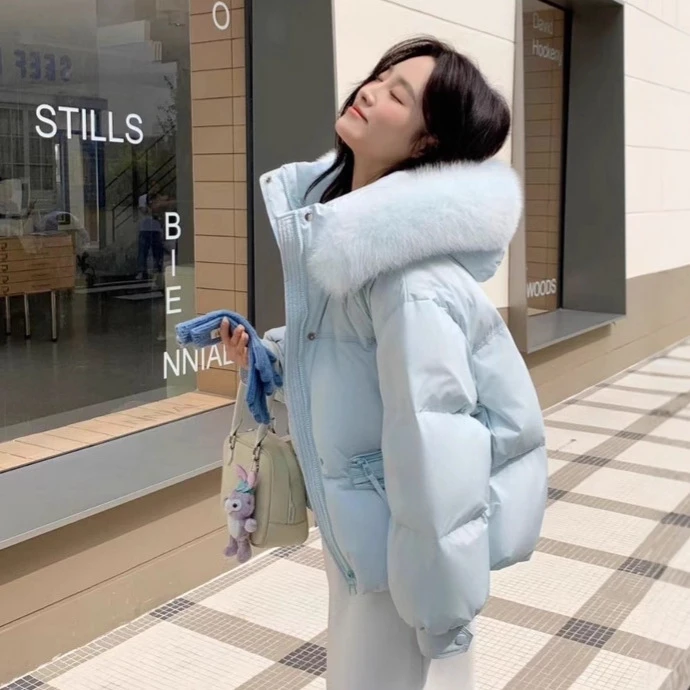 2025新款狐狸大毛领羽绒服女短款90白鸭绒小个子宽松时尚连帽外套