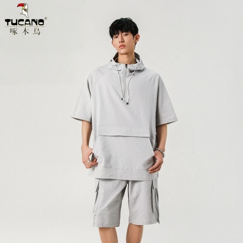 啄木鸟时尚夏季透气男士潮流连帽套装舒适宽松痞帅英伦风男装纯色