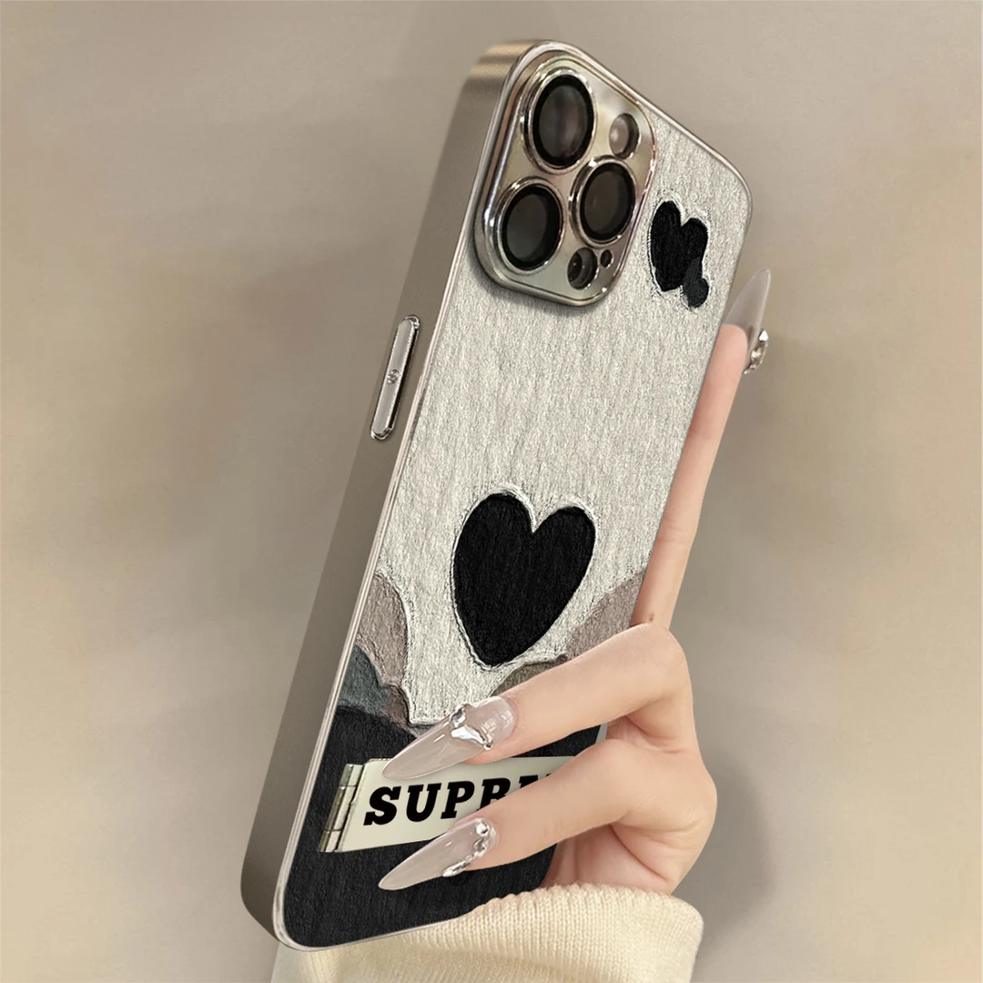 黑色爱心适用苹果16Promax手机壳iPhone华为oppo小米vivo贴皮套